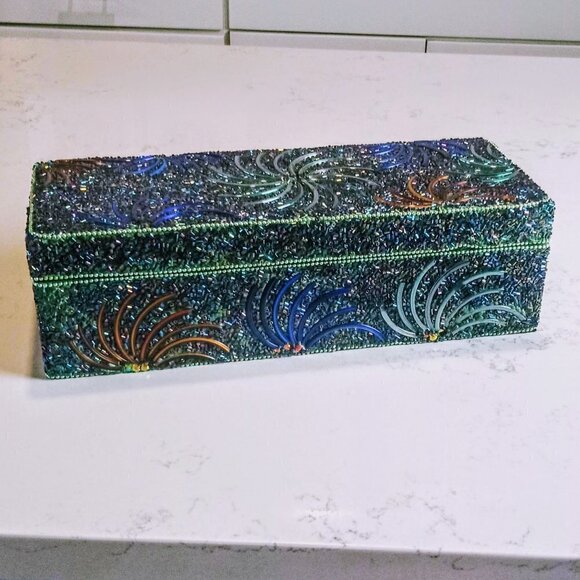 Peacock Rectangular Black Satin Lined Beaded Box - Picture 1 of 6